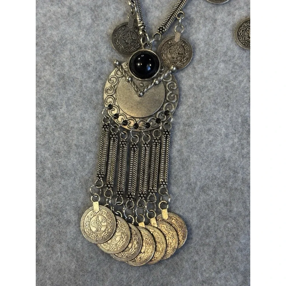 Vtg Boho Silver Coin Tassel Statement Necklace Bracelet Gypsy Festival Jewelry